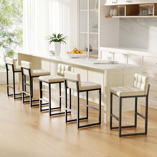 Image of Bar Stools Set of 5, Modern Counter Height Bar Stools with Back,24 inch Beige