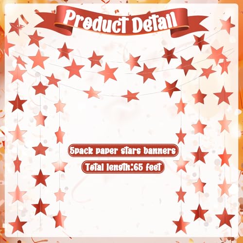 Image of Spakon 65 Feet Glitter Star Paper Garland Banner Hanging Decoration Star Streamers Double Side 2026 Graduation Decorations for Wedding Birthday Festival New Year Party Decoration(Rose Gold)
