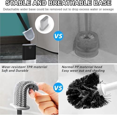 Image of Silicone Toilet Brush with Holder - Deep Clean & Hygienic Design for Bathroom, Flexible Bristles for 360 Cleaning, Non-Scratch, Quick Drying, Wall-Mounted or Floor Standing (Black)