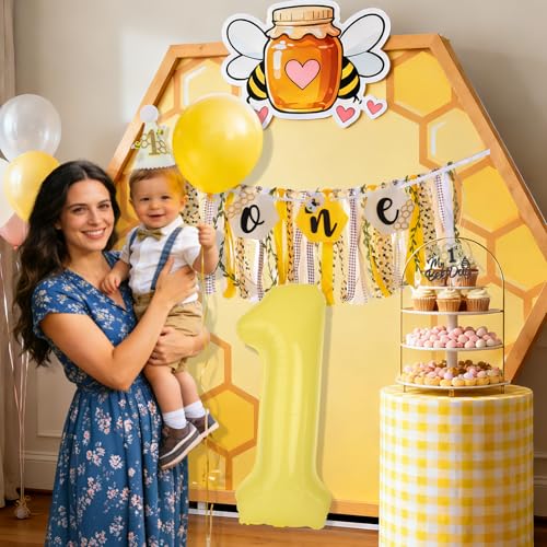 Image of Happy 1st Bee Day High Chair Banner for First Birthday Party Decorations | Bumble Bee High Chair Fabric Banner for Boys Bee First Birthday High Chair Tassel Banner for Backdrop Decorations Photo Props