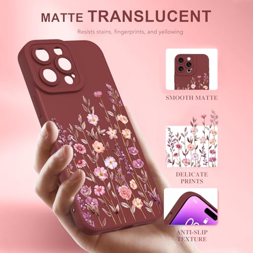 Image of Designed for iPhone 14 Pro Max Case Flower for Women, Wine Red | Cute Floral Pattern Liquid Silicone Phone Case [Full Camera Protection] Slim Soft TPU Protective Cover
