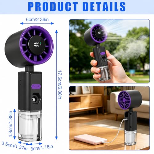 Image of QLECT 2-in-1 Mini AC Portable Fan with Water Mist Spray, 1800mAh Rechargeable Battery, 5 Speed USB Fast Charging Handheld Fan, Foldable Personal Cooling Fan for Travel, Office, Home, Men & Women