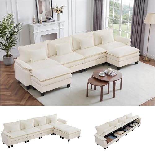 Image of IPKIG 151 inch Modular Cloud Couch with Storage, U Shaped Sectional Sofa with Ottoman & Pillow, Chenille Deep Seat Sectional Couches for Living Room, Apartment, White