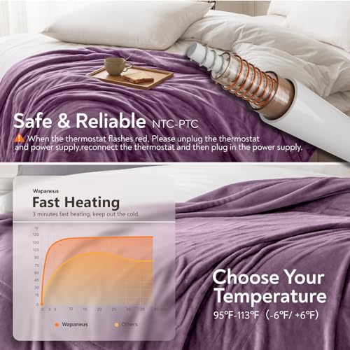 Image of Wapaneus Foot Pocket Heated Blanket Electric Throw with 10 Heating Levels and 4 Timer Settings 4 Hours Auto Shut Off, Flannel Fast-Heating Heated Throw 50 inch x 60 inch, Machine Washable, Purple