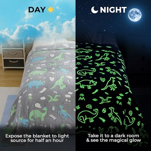 Image of Story@Home Glow in The Dark Blankets for Kids |Summer Quilt for Kids | Kids Blanket 0-15 Years (200x150 cm) Soft Fleece Blanket |Cozy All-Season Radium Blanket for Boys & Girls - Dino
