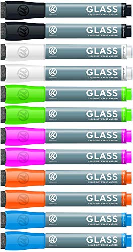 U Brands Liquid Glass Board Dry Erase Markers with Erasers, Low Odor, Bullet Tip, Assorted Colors, 1 Pack (12-Count)
