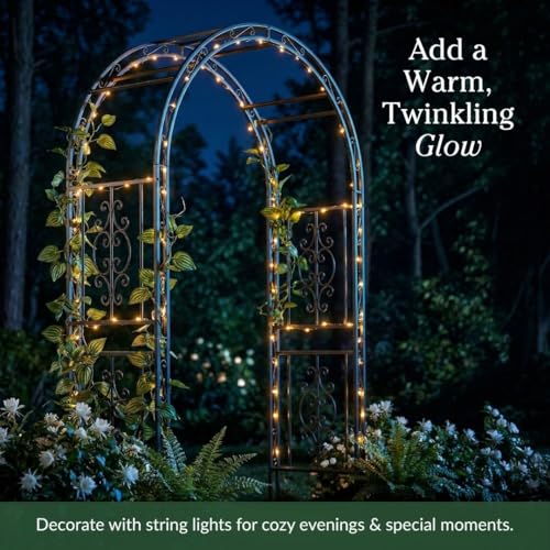 Image of Plow & Hearth Arch Metal Outdoor Garden Arbor | Montebello | 7 Feet Tall | Steel Iron Trellis Lattice for Climbing Plants & Heavy Vines | Wedding Outdoor Patio Decor