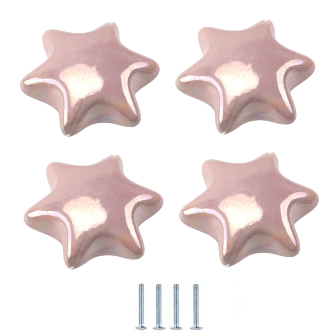 ENmrfvkz Ceramic Cupboard Drawer Handle Knobs, Ceramic Cupboard Drawer Knobs, Cloud and Star, 4 Pcs Multicolor(Pink Six-Pointed Star)