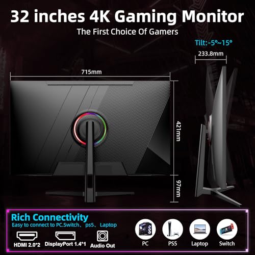 Image of 32 Inch Ultra Wide UHD 4K (3840 x 2160) Gaming Monitor, IPS 60Hz Ultra-Clear Screen, 1ms (MPRT), 100% sRGB, Built-in Speaker,FreeSync, 2 x DP 1.4 and 2 x HDMI 2.0, Tilt Height Adjustment