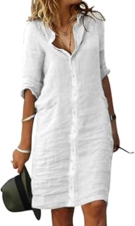 Fronage Women's Casual Cotton Linen Shirt Dress Button Down 1/2 Long Sleeve Lapel V Neck Summer Midi Dresses with Pockets