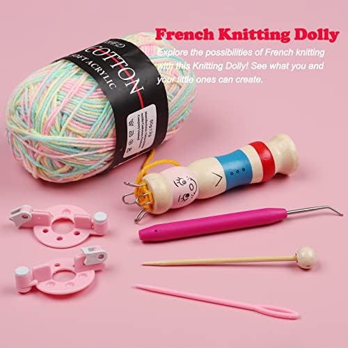 Coopay French Knitting Dolly, French Knitting Set With Wool, Wooden Spool Knitting Doll for Adults and Kids, Knitting Loom Kit, Starter Kit for French Knitting Children Craft Class, Knitting Dolly Set