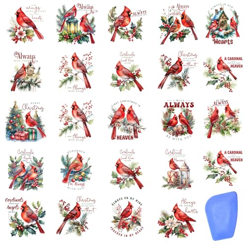 Image of ZMRU 24 Sheets Vintage Christmas Rub On Transfers for Crafts, Rub On Transfers Christmas for Wood，Furniture Decals, Glass, Porcelain, Leather, Canvas, Fabric Projects,3 * 3inch(Cardinal Christmas)