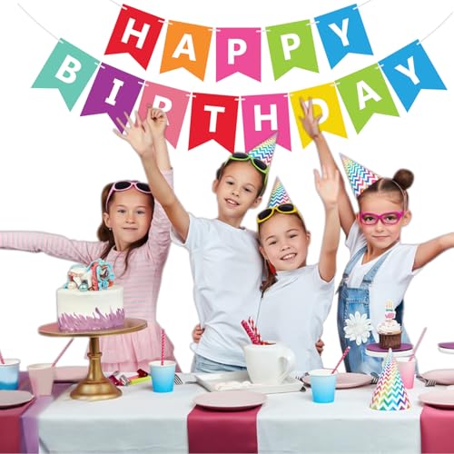 Image of Fecedy Colorful Happy Birthday Banner Bunting Pre-Strung No DIY for Birthday Party Decorations (Multi)