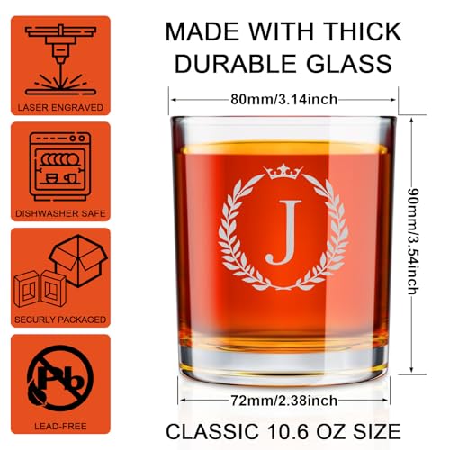 Image of Fathers Day Gift for Dad Husband Grandpa, Personalized Whiskey Glasses Gifts for Men, Custom Engraved A-Z Bourbon Rocks Glass, Unique Birthday Gifts for Men Him from Daughter Son Wife,10.6 oz (J)