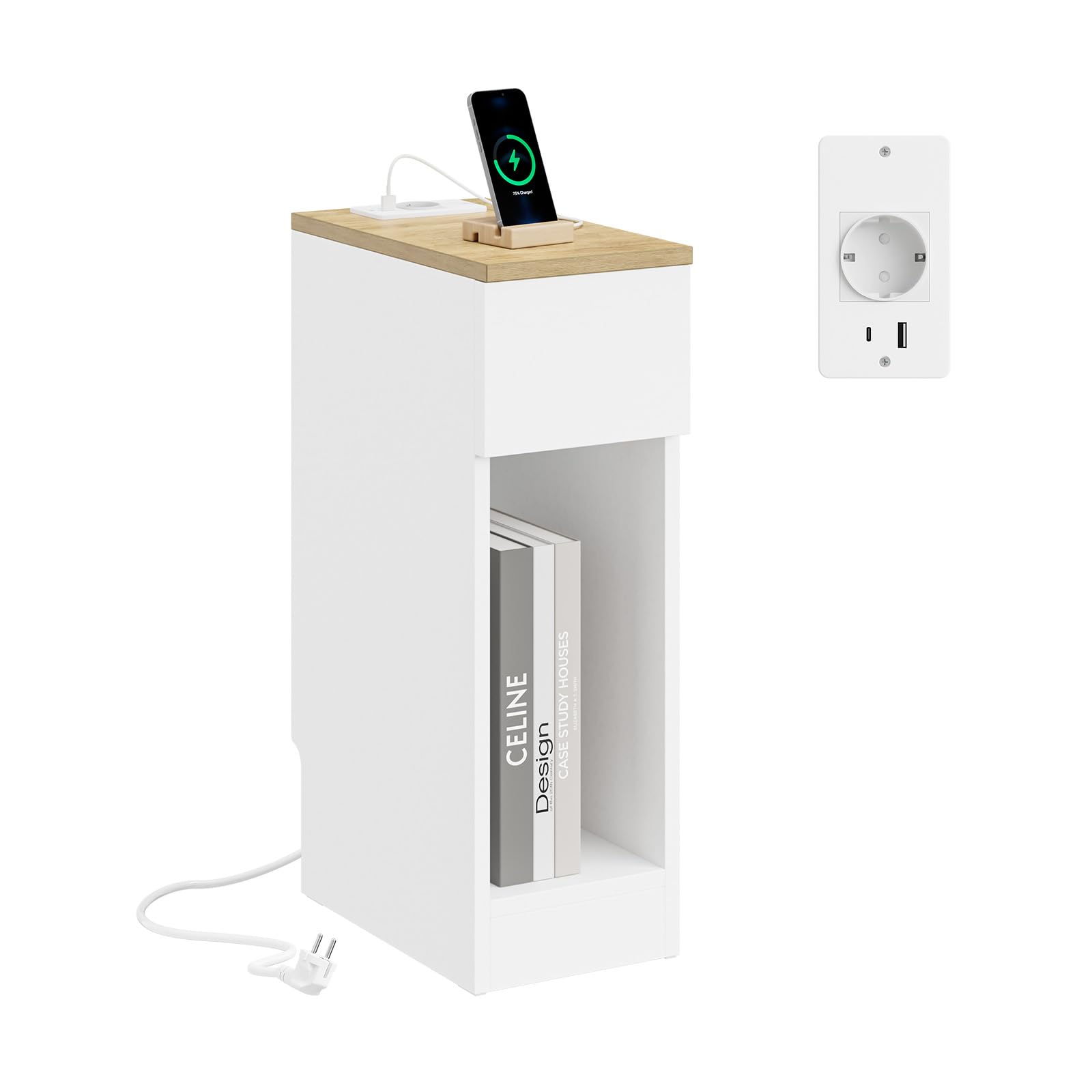 SoBuy mesita de Noche 20cm con estación de Carga y rodapié, 20x35x60cm | Mesilla de Noche Mesa Auxiliar estrecha, ahorra espacio para dormitorio, sala de estar, espacios pequeños, Blanco FBT111-E-WN