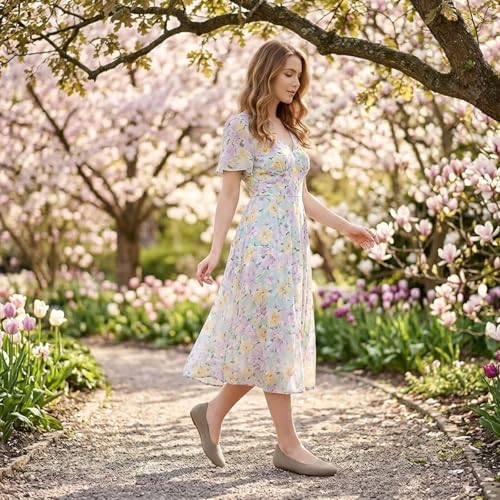 Puxowe Damen Ballerina Runde Zehe Stricken Flache Schuhe Komfort Weich Slip On Ballerina Walking Flats Schuhe für Frauen Niedriger Keil Lässig 36 EU Khaki