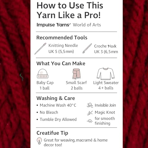 Image of WOAFashions Impulse Hand Knitting & Crochet Yarn, Premium Acrylic, 4 : Medium (Milano Red) (3x100gms / 3.5oz / 200mtr / 218yds)