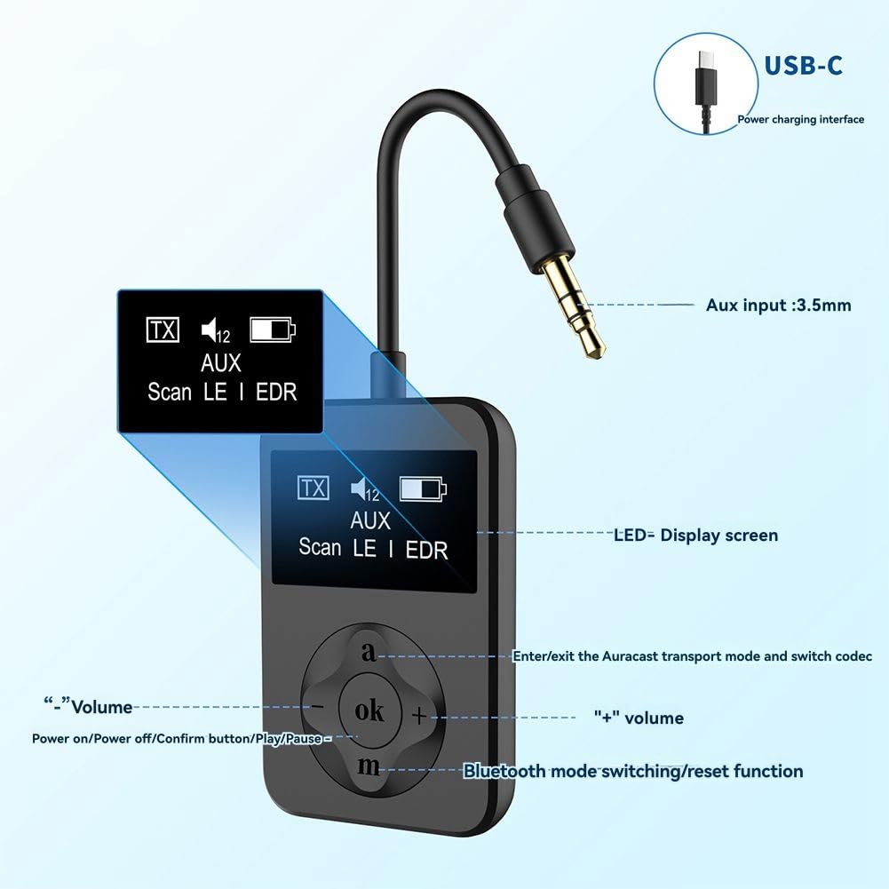Adapter nadajnika audio adapter nadajnika audio do gier muzyka LE Audio Bluetooth 5.4 adapter nadajnika audio adapter z AptxLossless Auracast LC3 do gier muzycznych