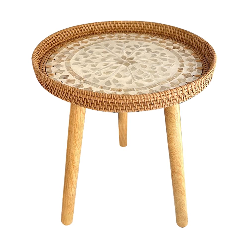 YZZY Round End/Side Tables for Living Room, Bedrooms, Pedestal Plant Stand for Balcony, Handmade Rattan Tray with 3 Legs, Mother of Pearls Inlay Coffee/Accent Table (Beige)