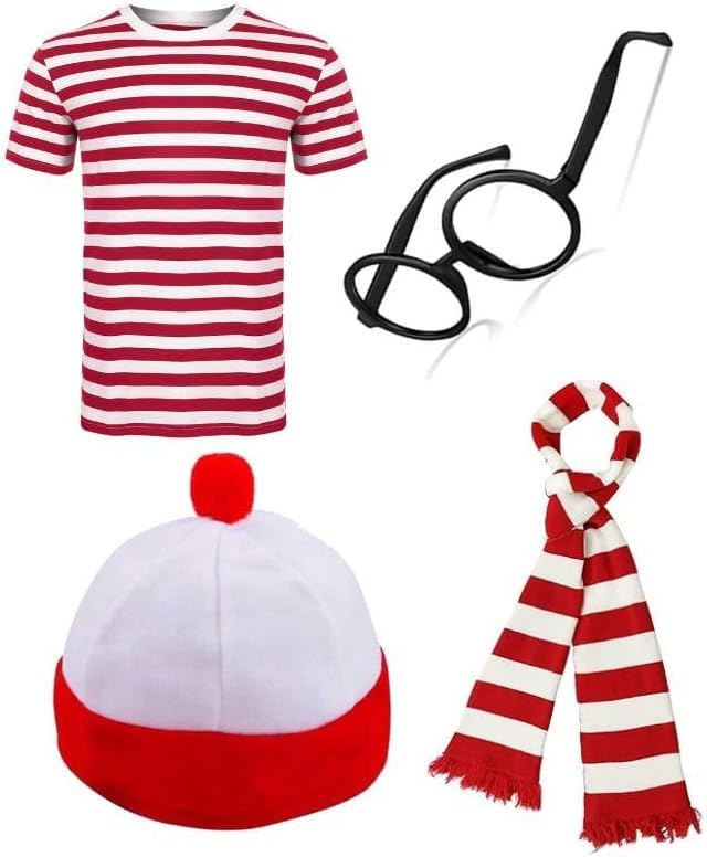 ANZEE Adult Explorer Costume Set Find Me If You Can Unisex Red White Stripe T Shirt Hat Glasses OTK Leg Warmer Scarf for Book Week DressUp (Pack of 4 T-Shirt+Hat+Glasses+Scarf, 13 Years)