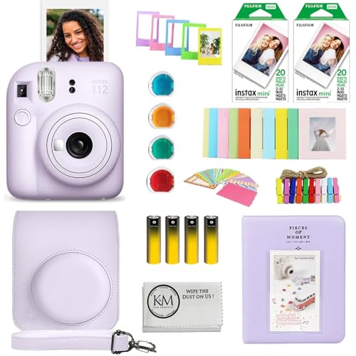 Image of FUJIFILM INSTAX Mini 12 Instant Film Camera | Lilac Purple | with INSTAX Mini Instant Film | 40 Exposures + Instax Accessory Bundle + AA Batteries + Cleaning Cloth (10 Items)
