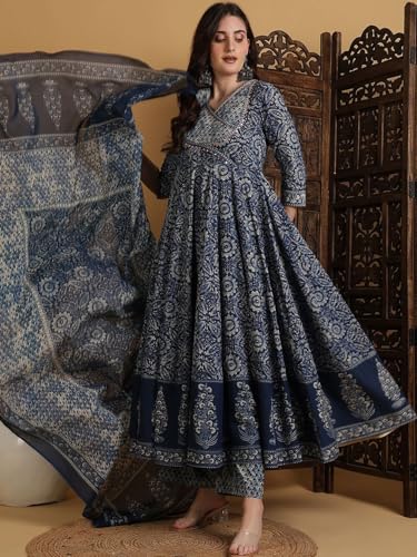Image of MEERA FAB Women Floral Printed Pure Cotton Anarkali Kurta with Palazzos & Dupatta