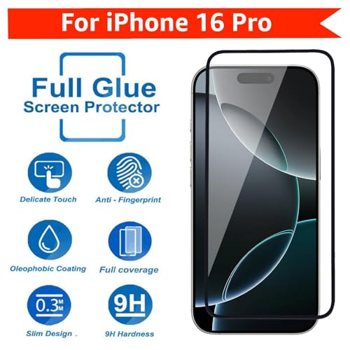 Image of SENBUN Tempered Glass Screen Protector Compatible for iPhone 16 Pro with Edge to Edge Coverage and Easy Installation Kit, Pack of 1, Black