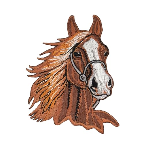 Pferd Kopf Braun Reiten Aufnäher zum aufbügeln oder aufnähen Bügelbild Aufbügler für Kleidung gestickter Bügelpatch Applikation Patch Größe 6,5 x 8,3 cm