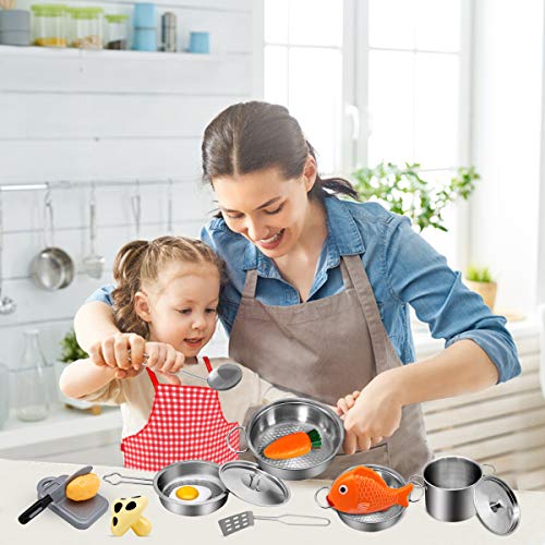 QDH Play Kitchen Accessories Kids Kitchen Pretend Play Toys with Stainless Steel Cookware Pots and Pans Set for Toddlers Cooking Utensils Apron and Cutting Play Food for Girls Boys Educational Tool - Thumbnail 5