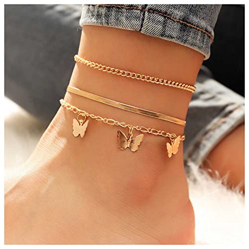 Andelaisi Boho Layered Snake Chain Butterfly Ankle Bracelets Tiny Butterfly Dangle Anklet Gold Herringbone Link Chain Anklet Bracelet Vintage Cuban Chain Foot Chain Summer Beach Anklet2