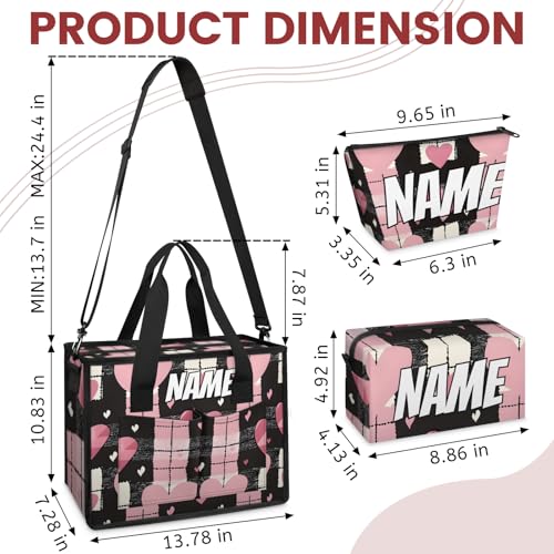 Custom Heart Shape Travel Duffle Bags for Women Weekender Overnight Black Pink Carry on Tote for Airplanes Business Hospital Gym with Toiletry Bag 3Pcs Set2