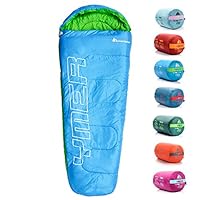 Meteor - YMER Kids Sleeping Bag – Camping Equipement for Girls, Boys & Teens – Compact Travel Gear for Hiking, Sleepover – Winter, Spring, Summer or Fall – for Kids 155 cm Tall - Blue/Green