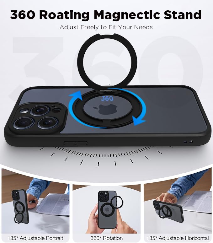 Image of RIGGEAR Shockproof Sleek Hybrid Armor 360 Rotating Magnetic Ring Stand Back Cover Case Compatible with MagSafe Accessories for iPhone 15 Pro Max (Clear PC + Black TPU Bumper)