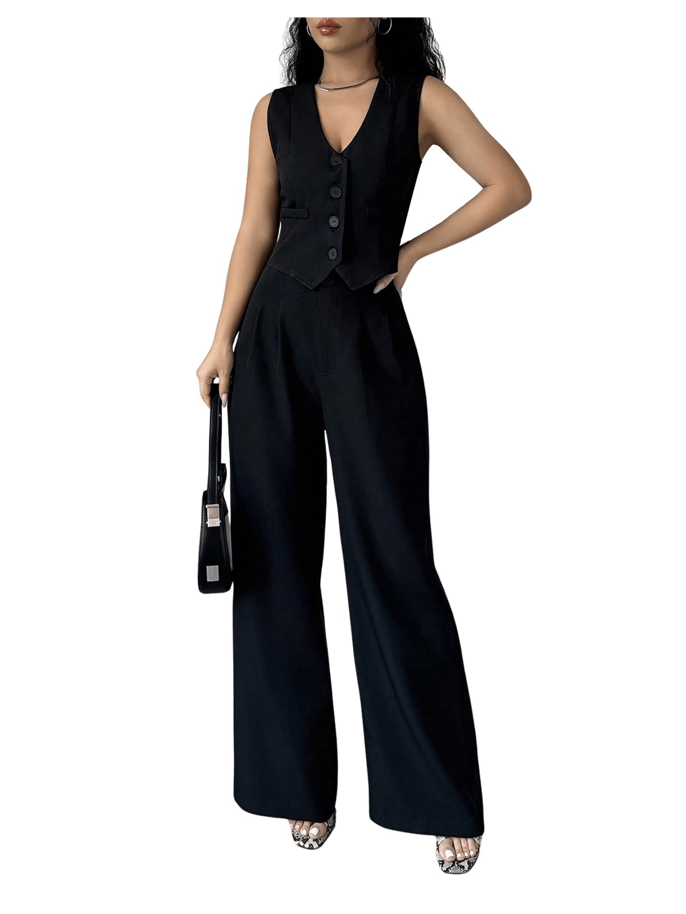 WDIRARA Womens 2 Piece Outfits Sleeveless Button Down Vest Blazer Pants Set Business Suit Sets