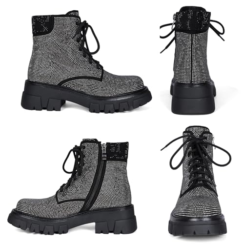 Wavyvigs Rhinestone Combat Boots Platform Chunky Heel Lace Up Ankle Boots Side Zipper4