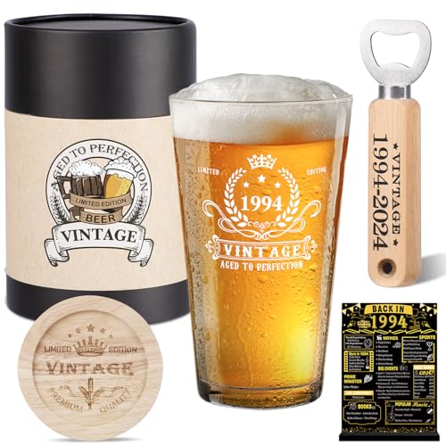 Amosking Regalos de cumpleaños número 31 para hombres y mujeres, vaso de cerveza vintage de 1994, posavasos de madera, caja de cerveza vintage, abridor de botellas de madera, tarjeta de aniversario de