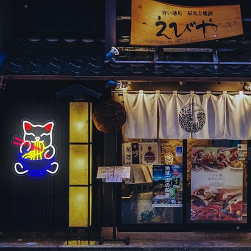 Image of Fortune Cat Ramen Neon Sign, 15.3 inchx13 inchJapanese Lucky Cat Noodle LED Light Signs for Ramen Restaurant, Dimmable Anime Ramen Cat Neon Lights up Living Room, Wall Decor, Home Bar, Kitchen Restaurant Dining