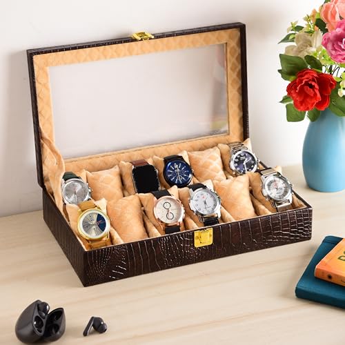 Image of NAAZS Luxury Leather Watch Organizer Box for Men - 12 Slot Watch Storage Case with Glass Lid & Velvet Lining - Display Box for Wrist Watches, Jewelry Holder, Travel Case - Gift for Men & Collectors