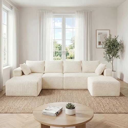 Image of 118 inch U-Shaped Modular Sectional Sofa Set,Soft Corduroy Cloud Couch with Chaise & Ottoman,Deep Seat Boneless Couches for Living Room,No-Assembly - Beige (Left Facing Chaise)