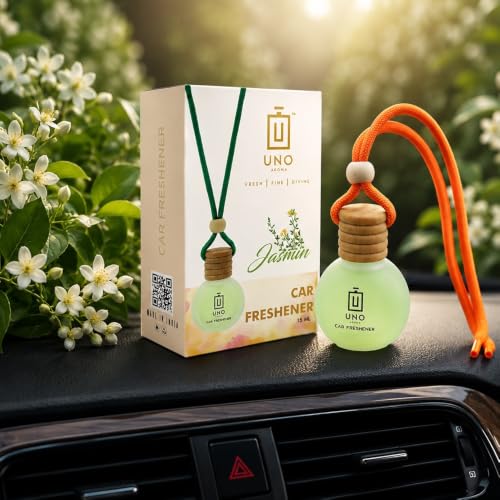 Image of UNO AROMA Jasmine Car Air Freshener, 15ml, Long Lasting Hanging car perfume, Toxin-Free Oil in Glass Bottle with Wooden Diffuser, Car Accessories for fresh aroma, Last Upto-60 Days
