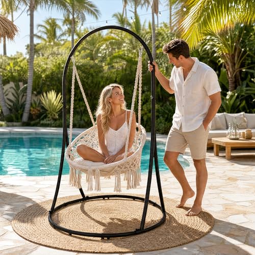 Image of SUNCREAT Hammock Chair with Stand Included, Heavy Duty Hanging Chair with Stand, 330 lbs Capacity, Patented, Beige