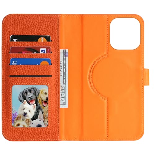 Image of Detachable Genuine Leather Case for iPhone 16 Pro Max Wallet Case Magnetic 2in1 Removable Flip Cover Book Purse Compatible with Magsafe Charging Kickstand Card Holder-Orange