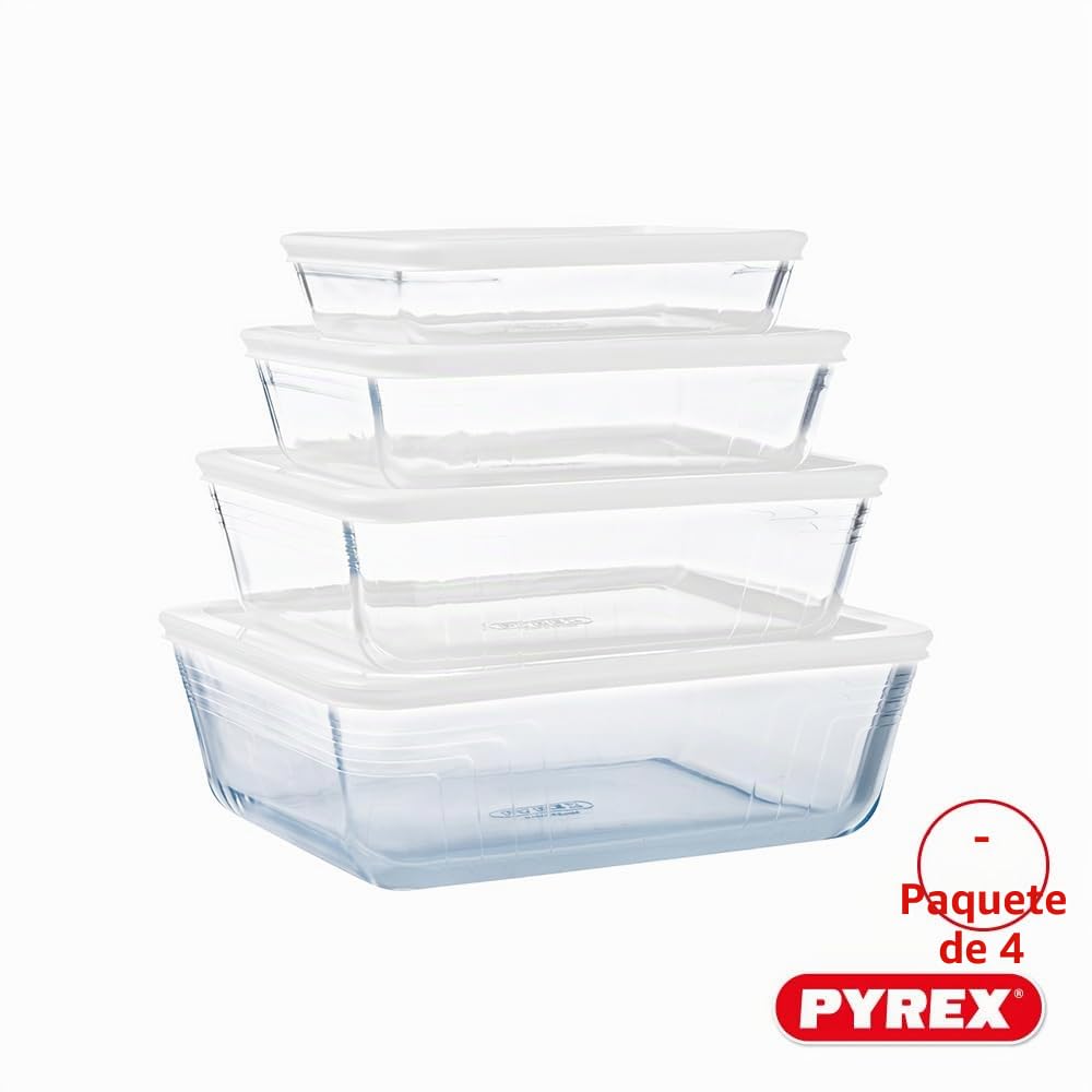 Pyrex® - Cook & Freeze - Juego de 4 platos rectangulares de cristal con tapa hermética - Especial congelador - Seguro para usar en el horno y el congelador - Libre de BPA