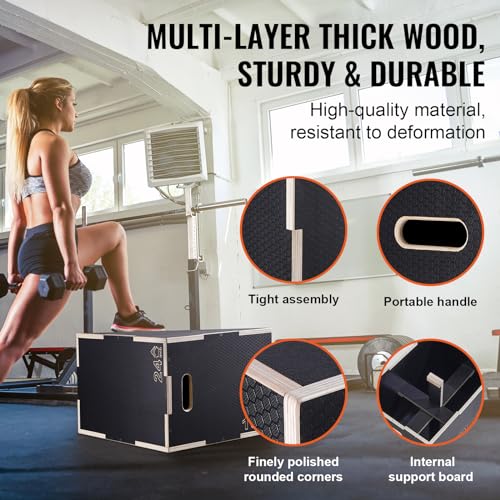 VEVOR 3-in-1-Plyometrische Sprungbox 24/20/16-Zoll-Plyobox, Sprungkasten Sprungkiste 204 kg Tragfähigkeit, Fitnessübungs-Step-Up-Box für Heimtraining, Sprungkrafttraining Schwarz Einstellbare Höhe