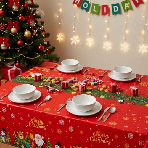 Tenceur 3 Pcs Merry Christmas Tablecloth 54x108 Inch Plastic Santa Snowman Reindeer Tablecovers Disposable Red Tablecloth for Christmas Winter Holiday New Year Birthday Party Supplies Decor – Image 6