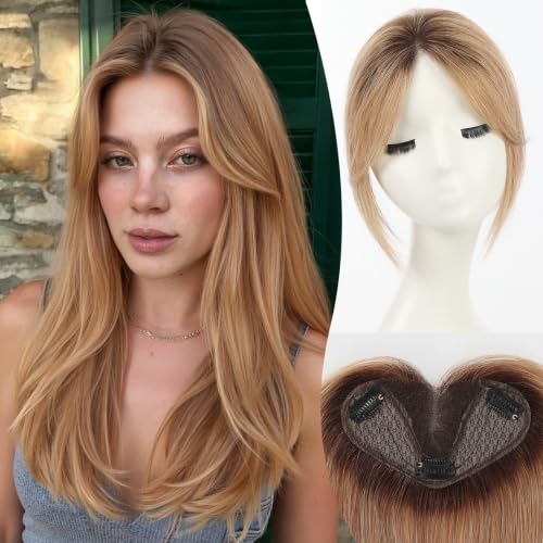 8 inch Human Hair Topper,Curtain Bangs Light Brown,5"x3"Swiss Base SilkHug with 3 Non-Slip Clips,100% Real Human Hair Toppers for Women with thinning &amp; Natural Appearance