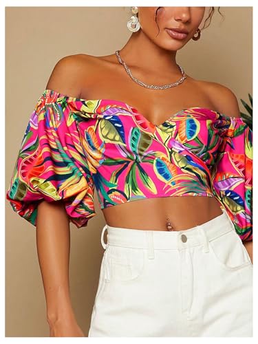 SweatyRocks Women's Off Shoulder Vacation Tops Boho Tropical Print Bishop Short Sleeve Crop Blouses3