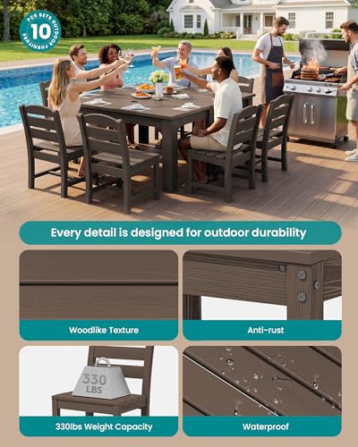 Image of SERWALL 59 inch Patio Dining Set for 8, HDPE Dining Set, Coffee | Include 2 Rectangular Tables and 8 armless Chairs, All Weather Dining Sets for Garden, Backyard