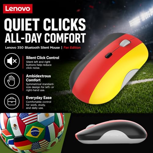 Image of Lenovo 350 Bluetooth Silent Mouse (Fan Edition), Wireless Ergonomic Ambidextrous Design, Bluetooth 5.3, Adjustable DPI up to 2400, 36 Month Battery Life, Recycled Materials, German Flag