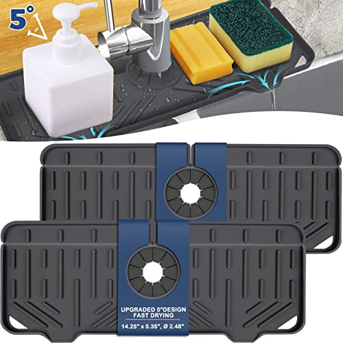 Image of 2 Pcs Silicone Faucet Handle Drip Catcher Tray Mat, 2 in 1 Dish Soap Sponge Holder for Kitchen Sink & Sink Splash Guard, Silicone Faucet Mat Drying Mat for Kitchen Sink Accessories, Counter, Bathroom